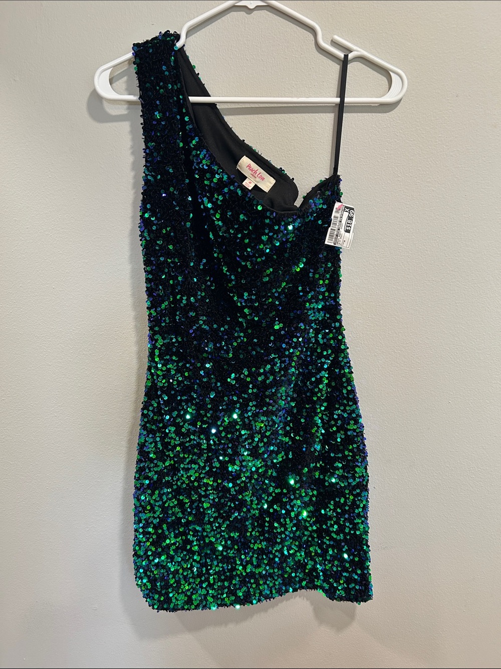 Peach Love California Iridescent Green and Blue One-Shoulder Sequin Mini Dress